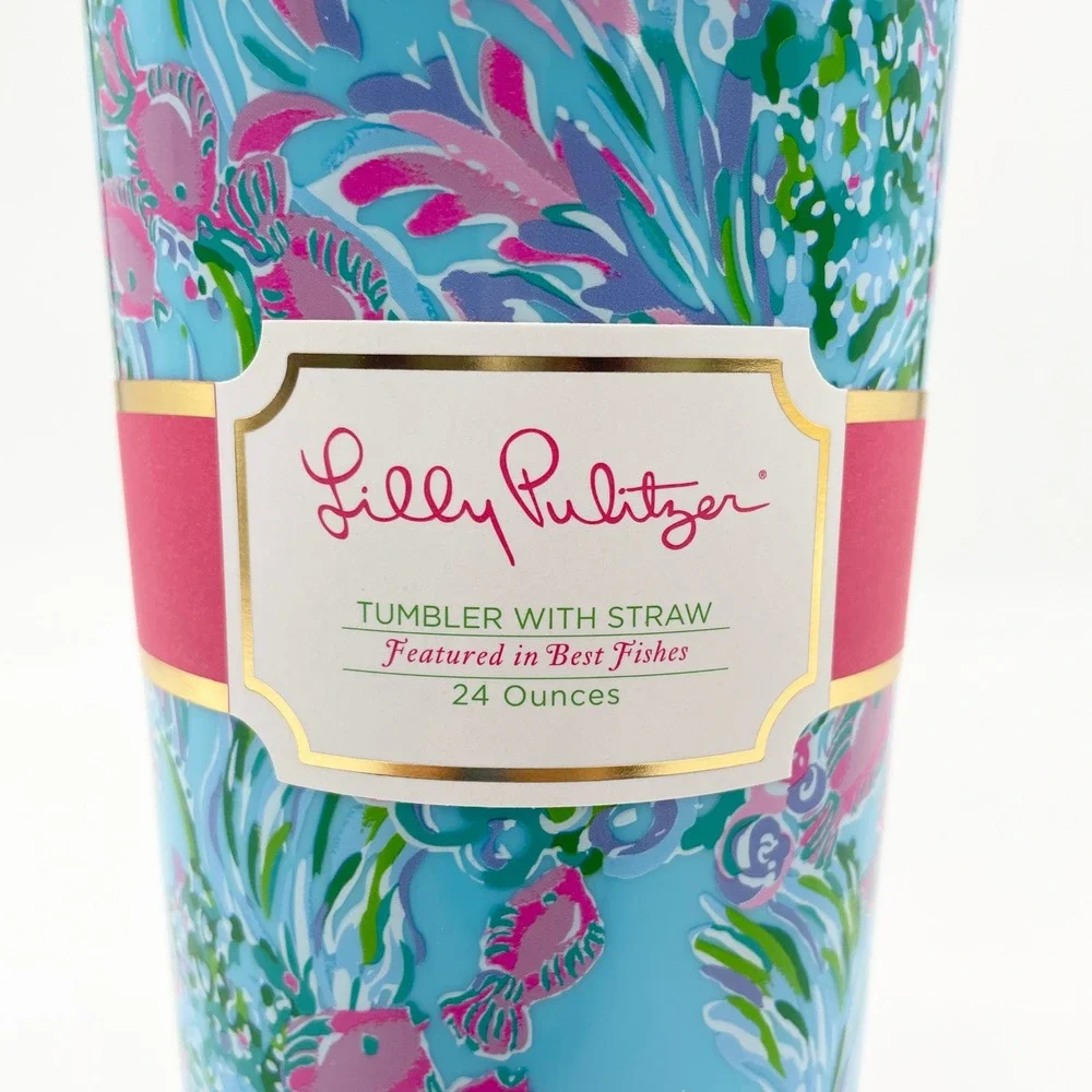 Lilly Pulitzer Women Tumbler 24 Oz Floral Best Fishes Blue‎ Pink Summer Coastal